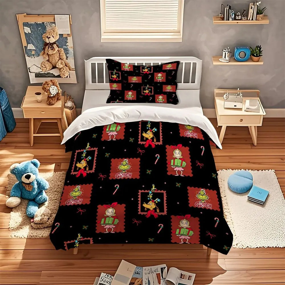 Grinch Stamp Christmas Gift Duvet Cover Set Kids Bedding Set