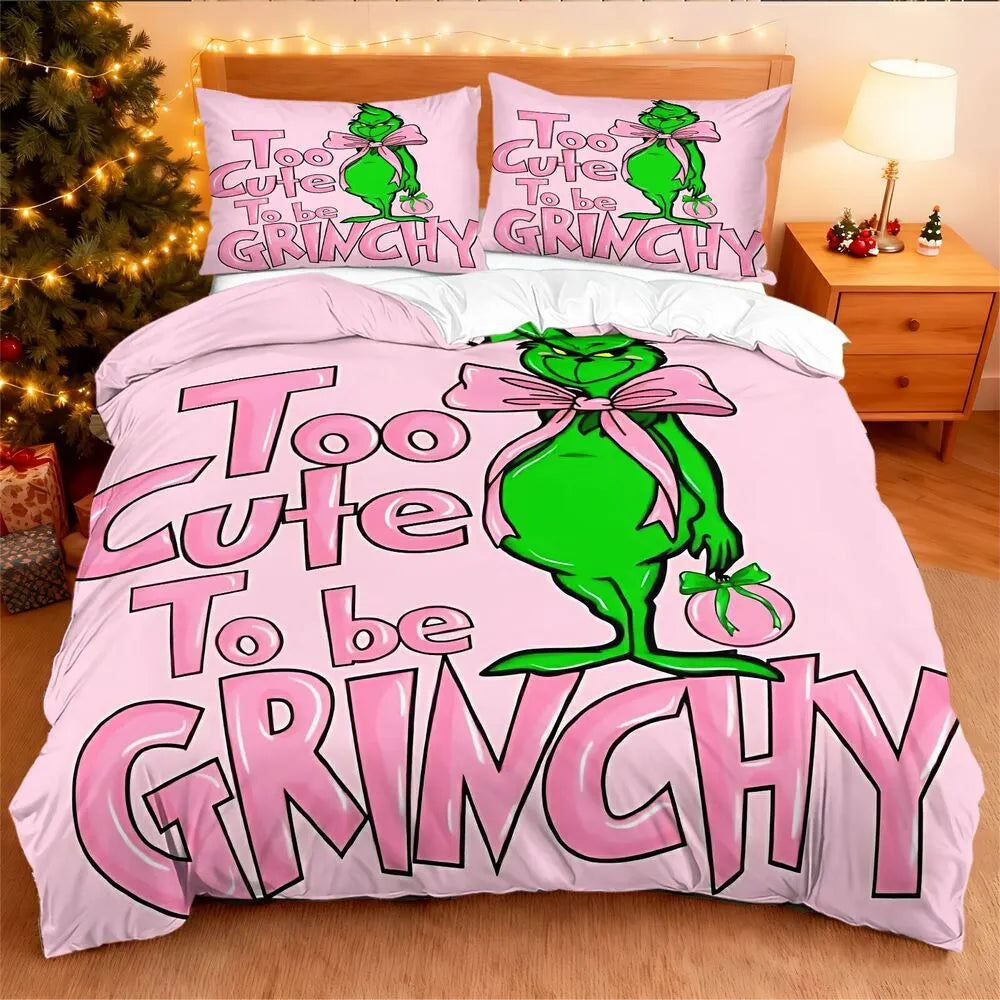 Grinch Too Cute To Be Grinchy Christmas Gift Duvet Cover Set Kids Bedding Set