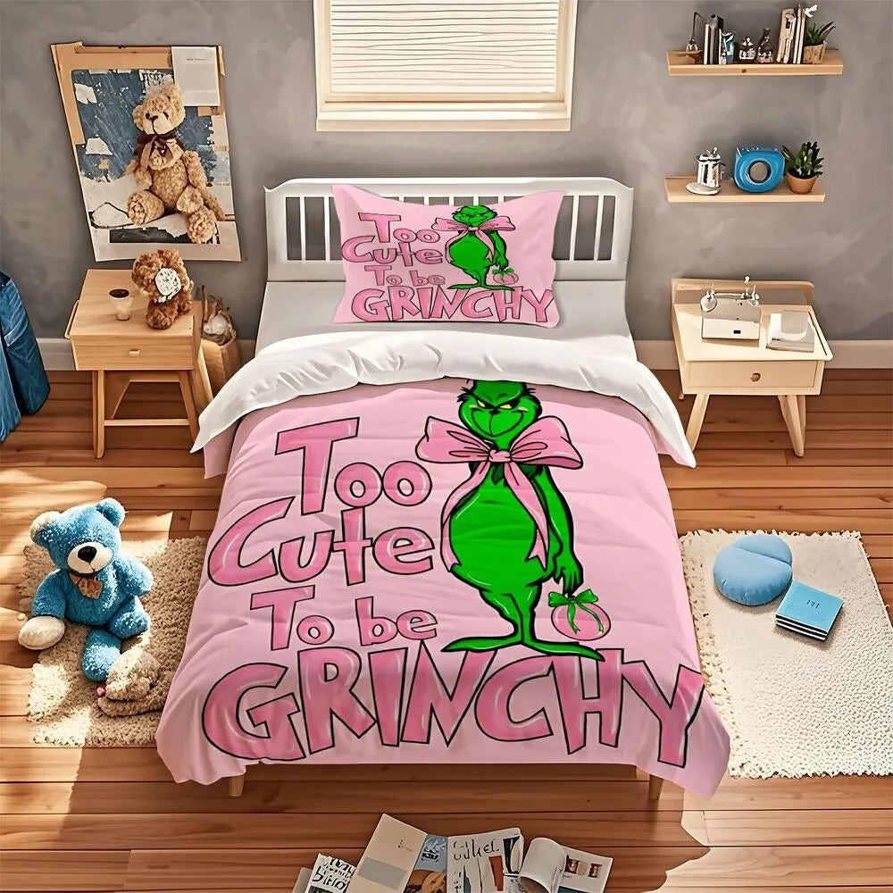 Grinch Too Cute To Be Grinchy Christmas Gift Duvet Cover Set Kids Bedding Set