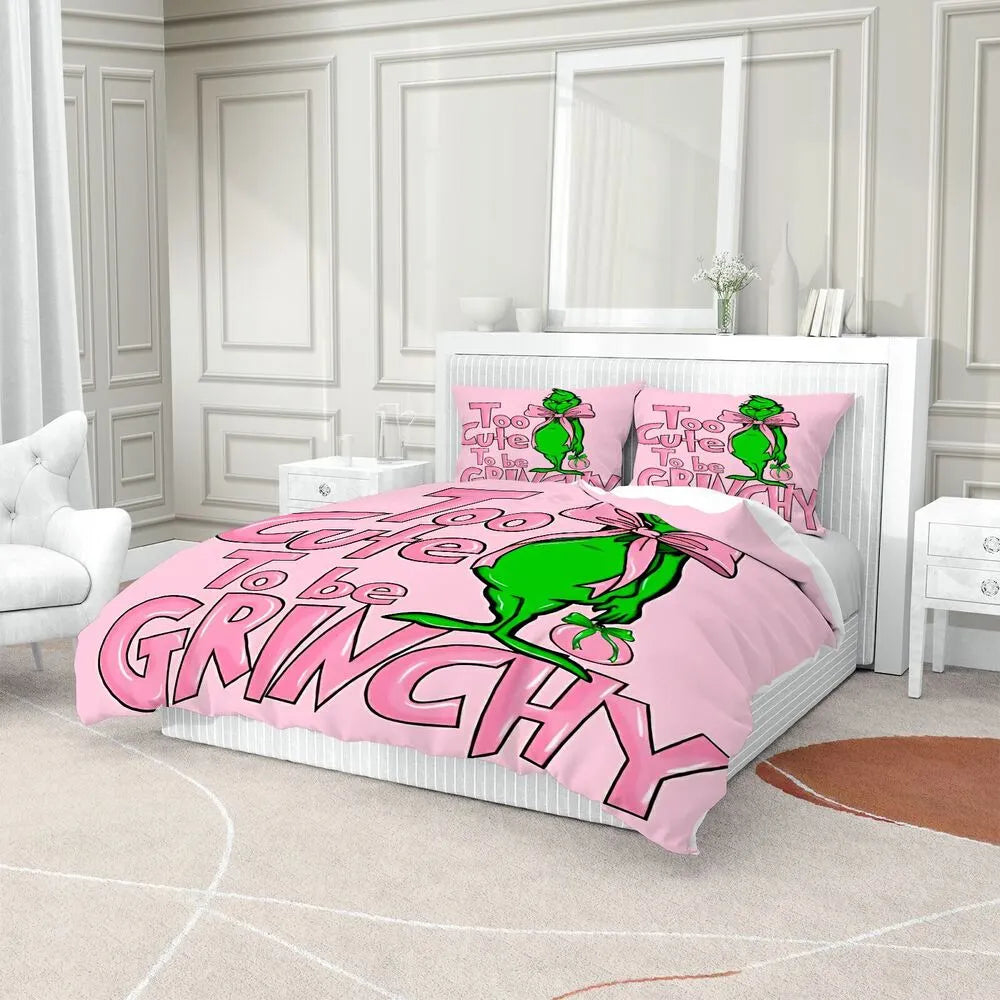 Grinch Too Cute To Be Grinchy Christmas Gift Duvet Cover Set Kids Bedding Set