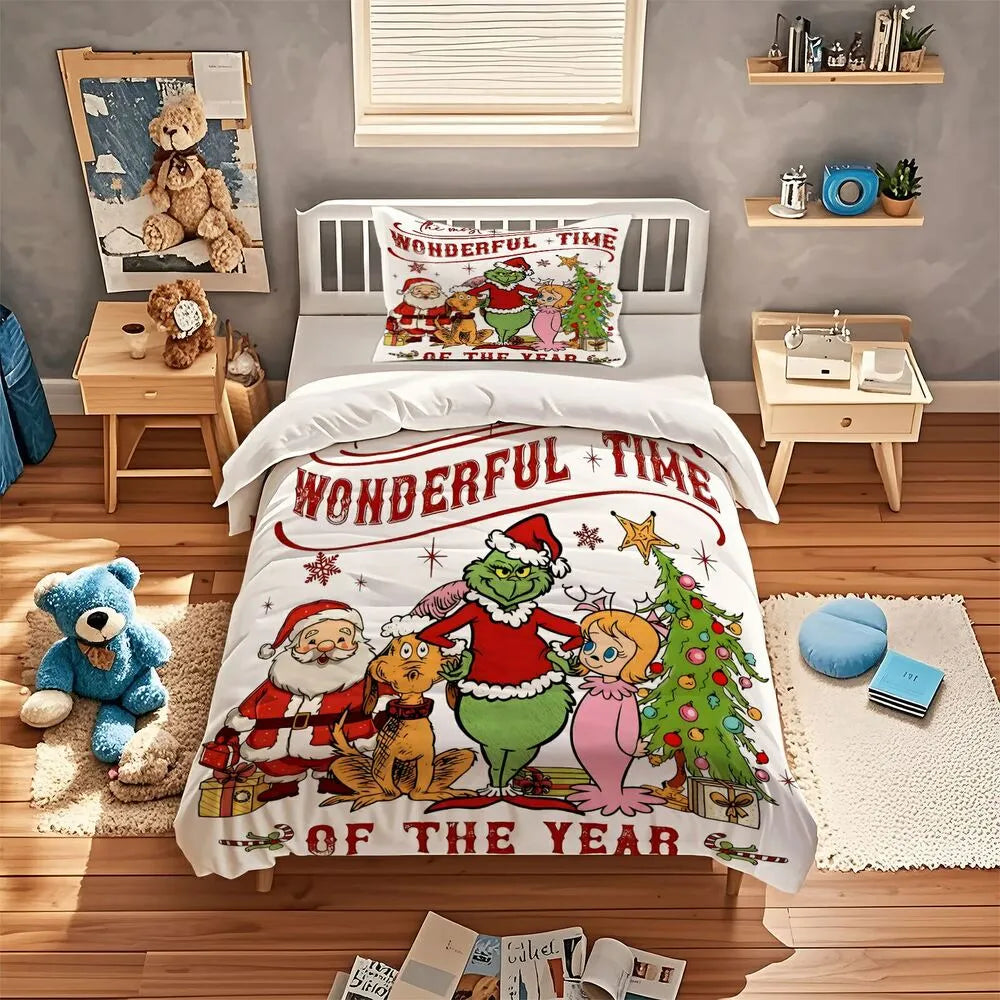 Grinch Wonderful Time Christmas Gift Duvet Cover Set Kids Bedding Set