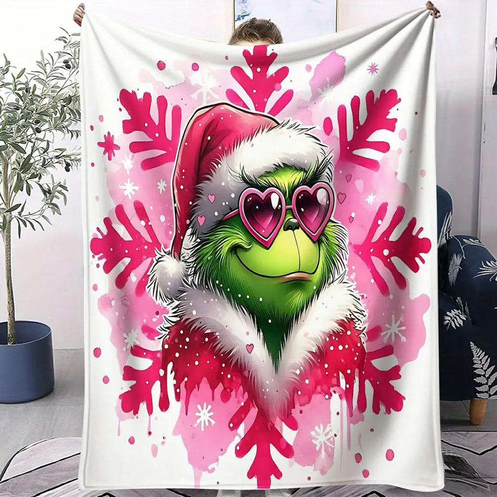 Grinch with Heart Sunglasses and Pink Snowflakes Christmas Pattern Multipurpose Throw Blanket