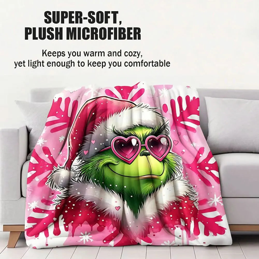Grinch with Heart Sunglasses and Pink Snowflakes Christmas Pattern Multipurpose Throw Blanket