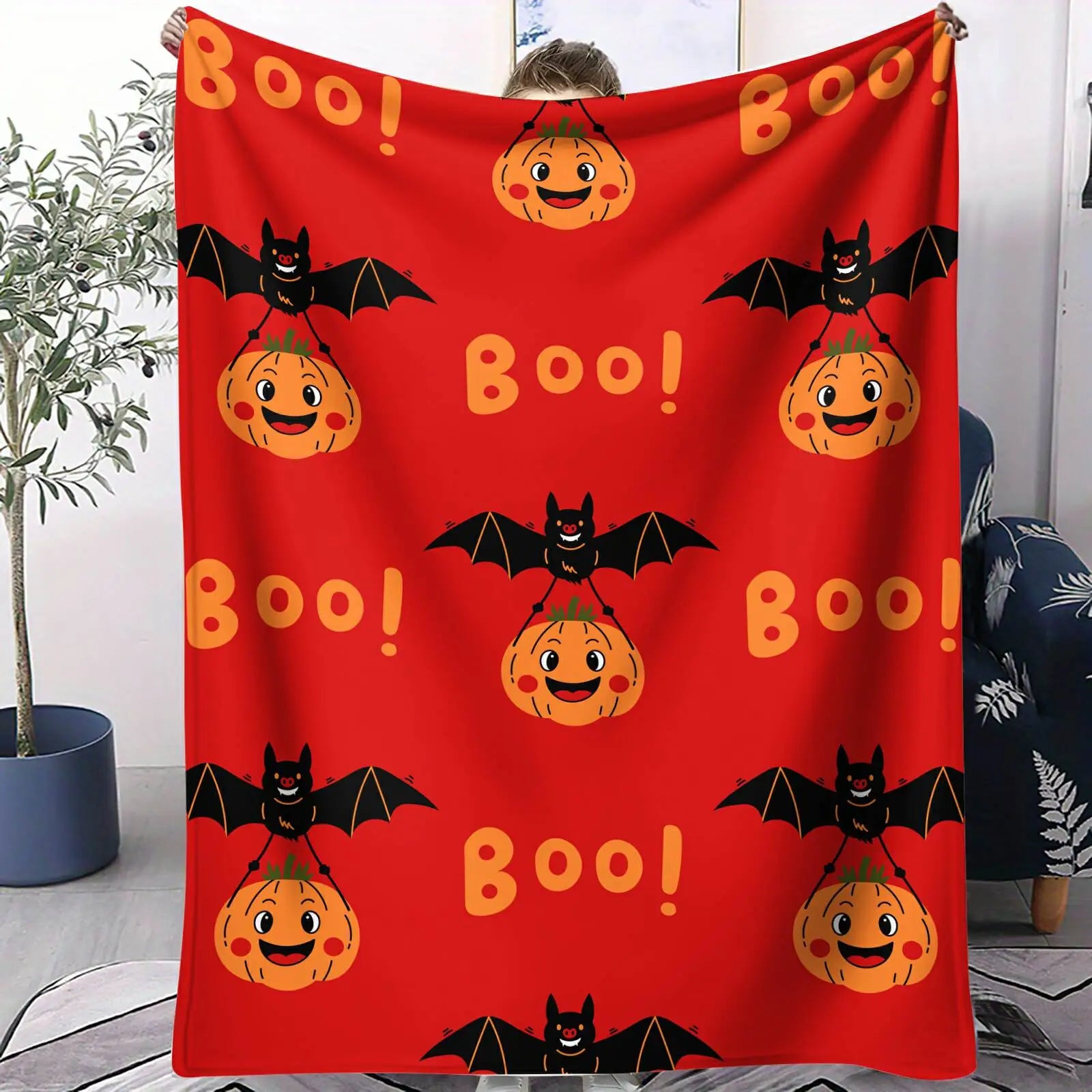 Halloween Bat & Pumpkin “Boo!” Flannel Throw Blanket