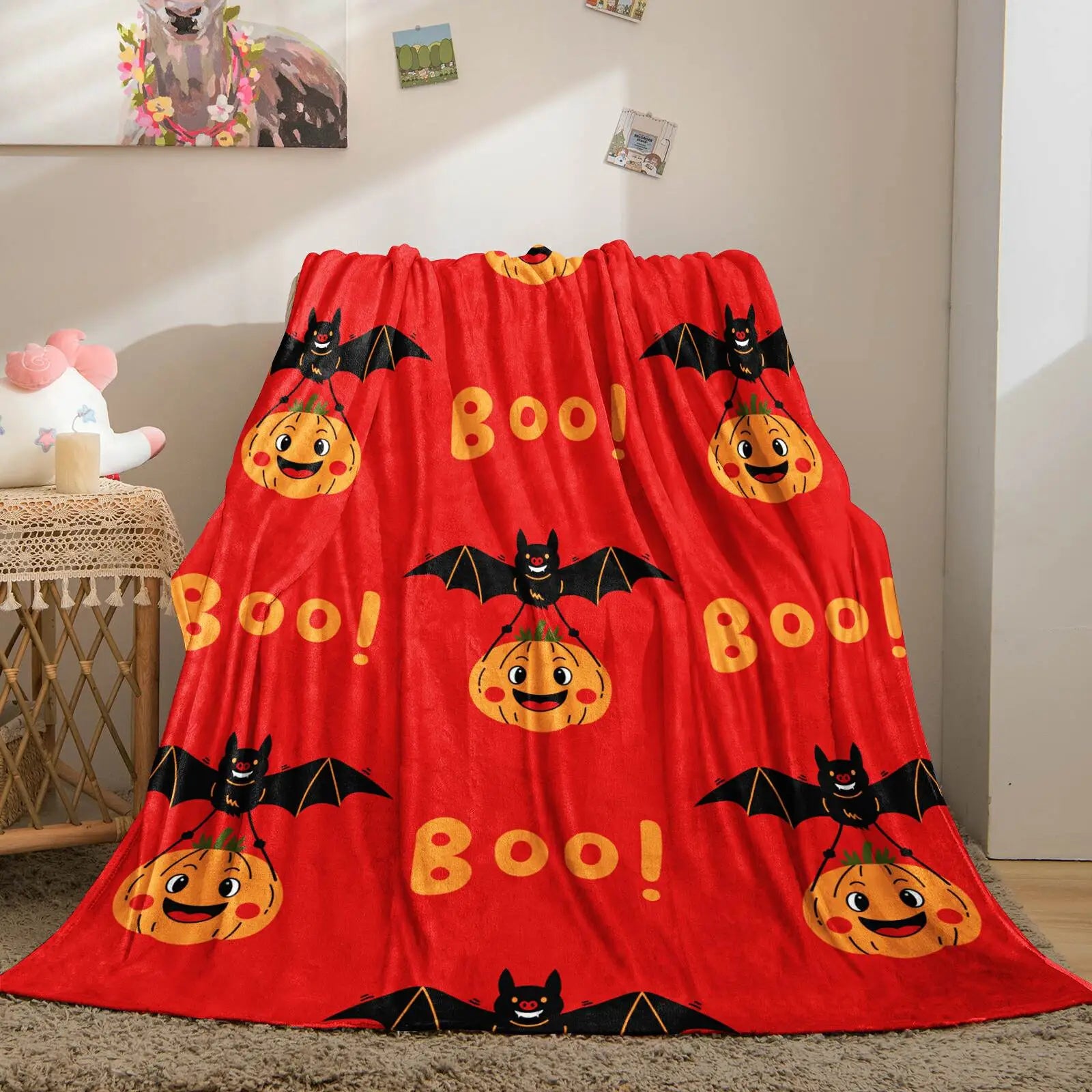 Halloween Bat & Pumpkin “Boo!” Flannel Throw Blanket