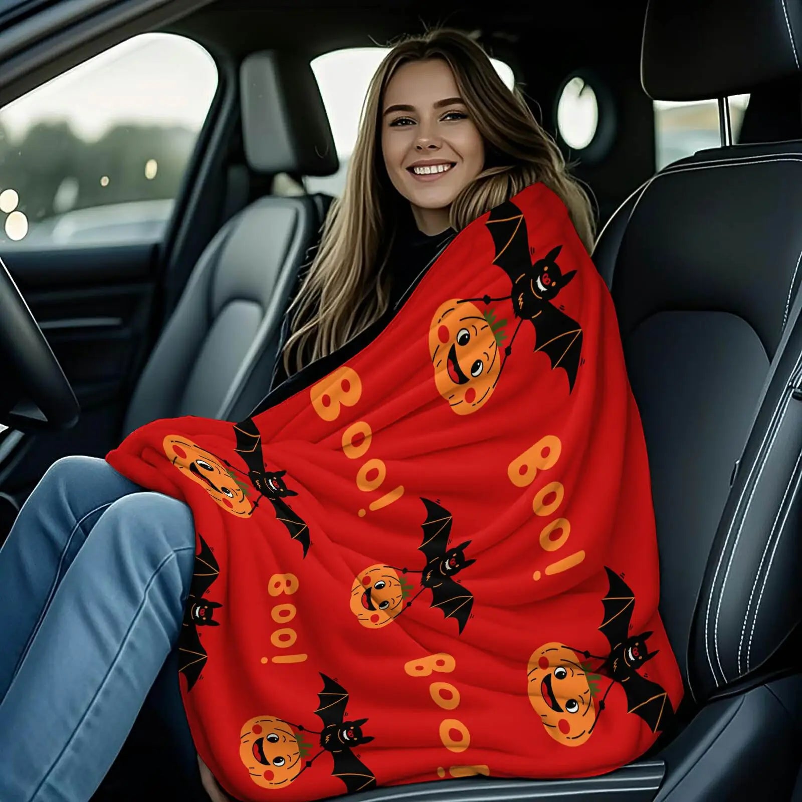 Halloween Bat & Pumpkin “Boo!” Flannel Throw Blanket