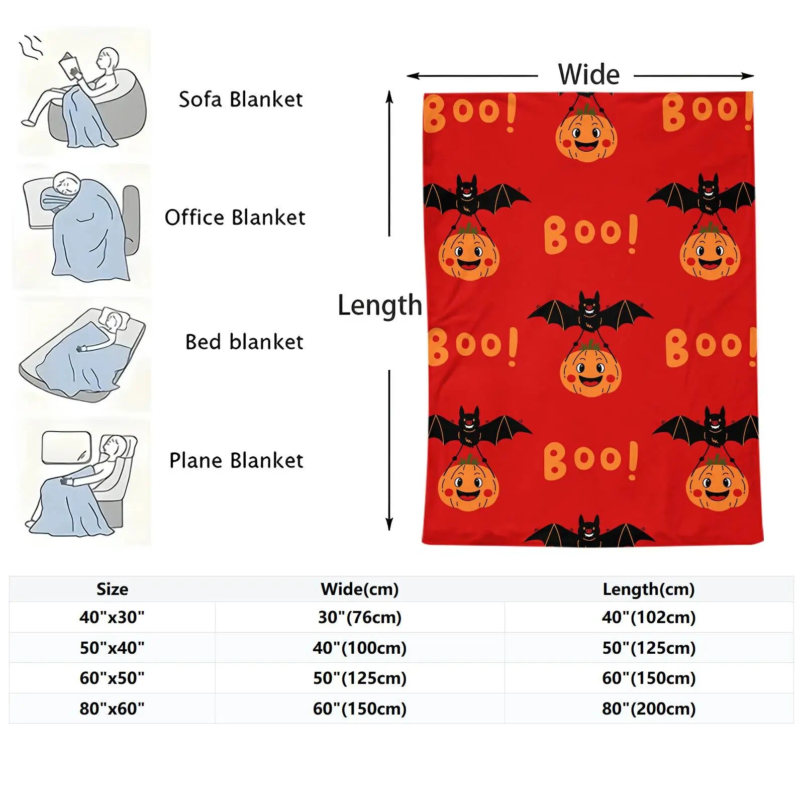 Halloween Bat & Pumpkin “Boo!” Flannel Throw Blanket