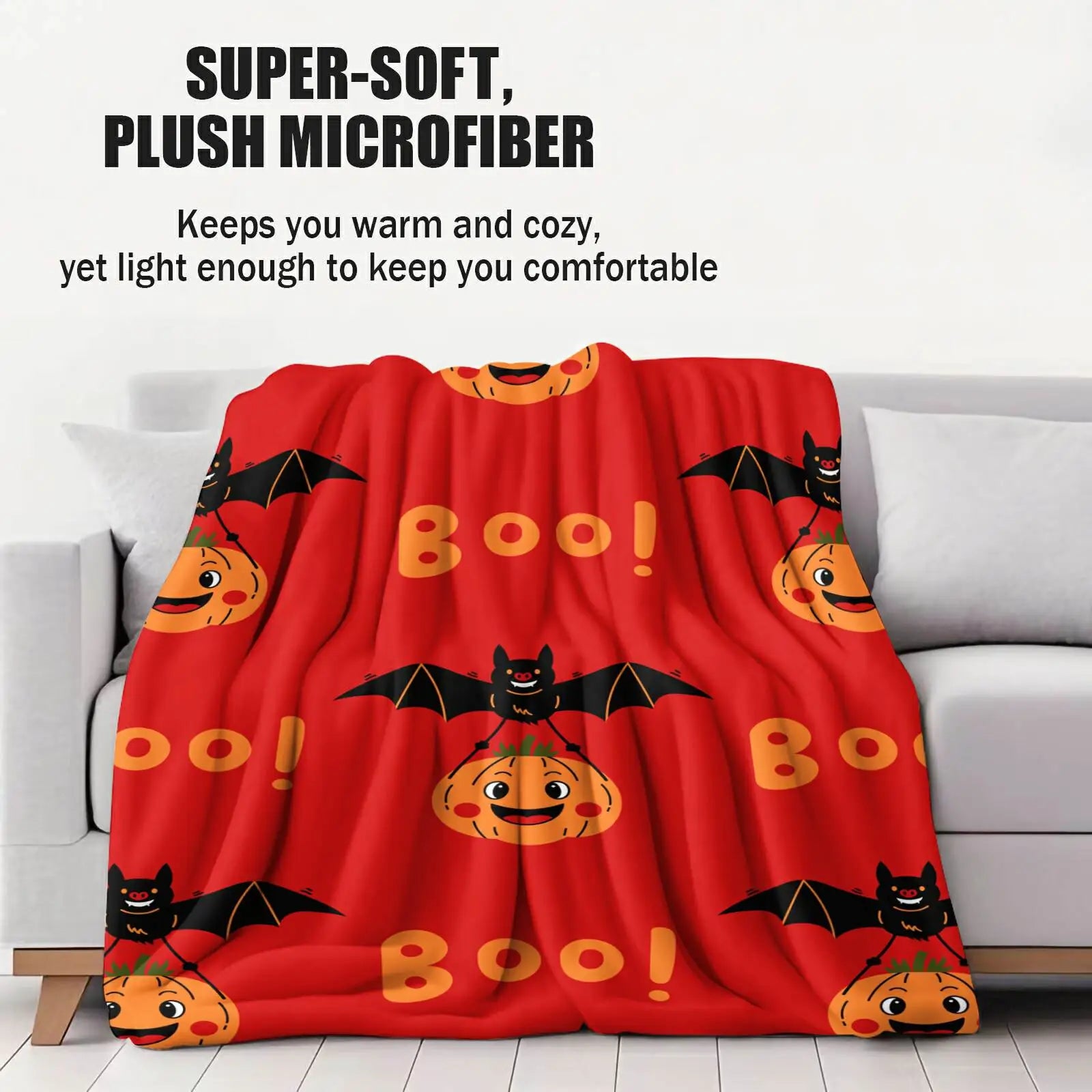 Halloween Bat & Pumpkin “Boo!” Flannel Throw Blanket