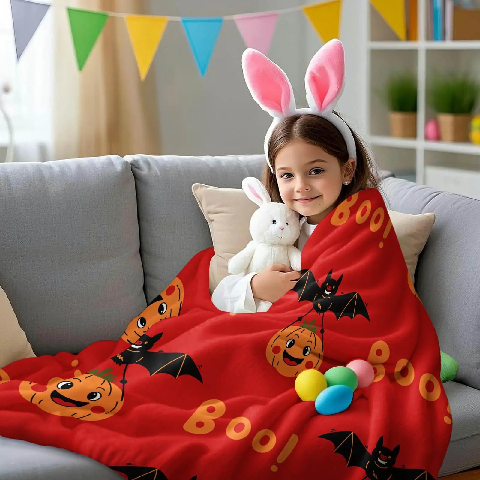 Halloween Bat & Pumpkin “Boo!” Flannel Throw Blanket