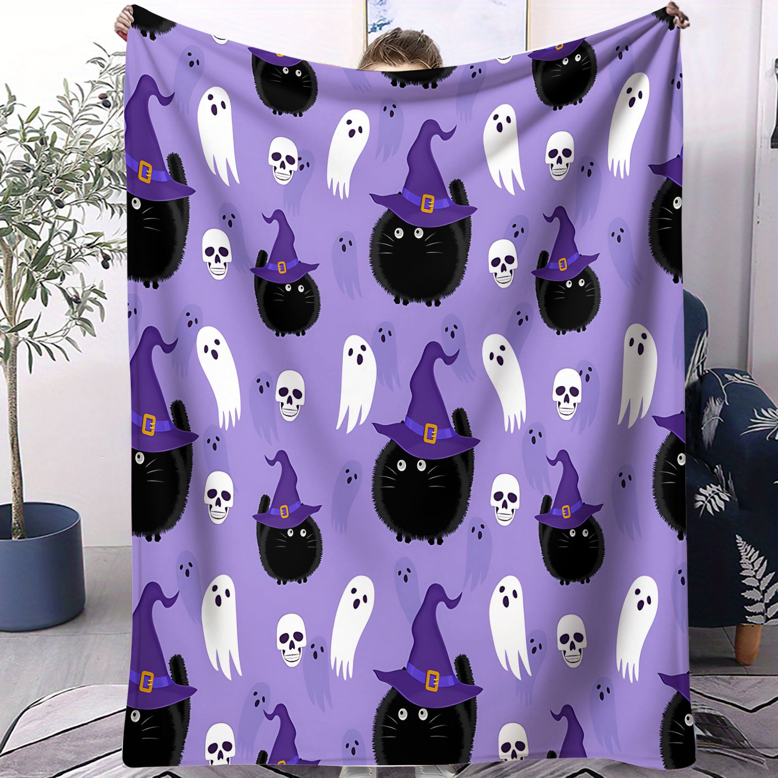 Halloween Cat & Ghost Throw Blanket - Spooky Purple Decor