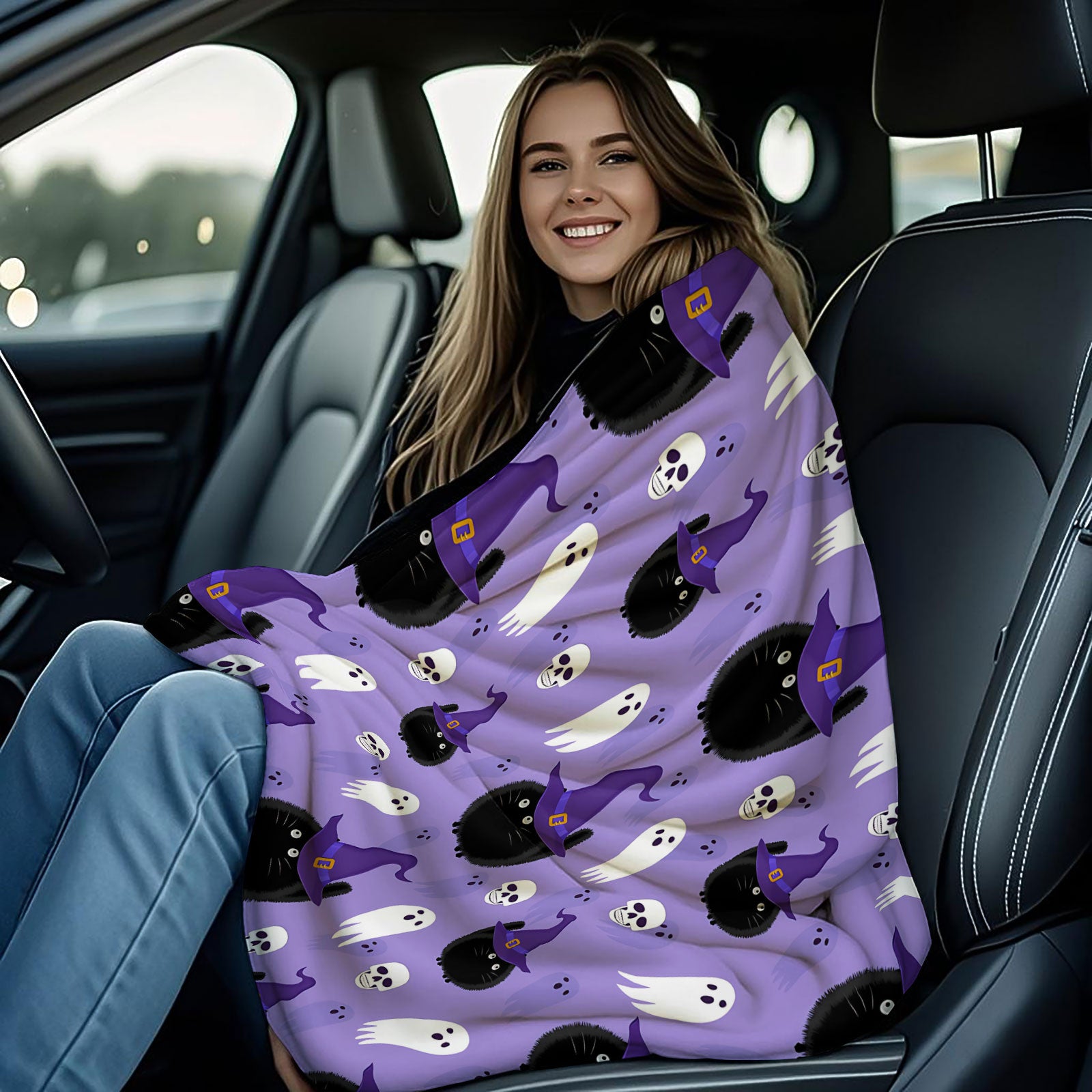 Halloween Cat & Ghost Throw Blanket - Spooky Purple Decor