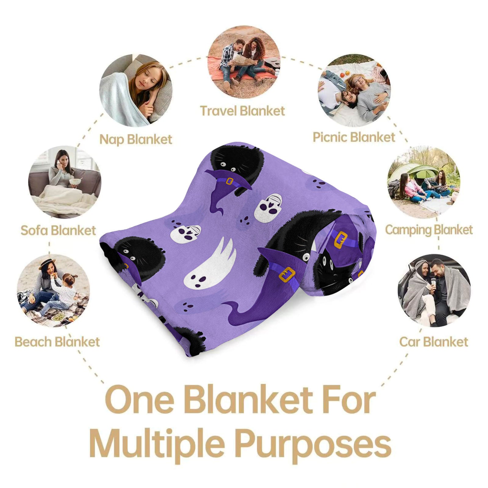Halloween Cat & Ghost Throw Blanket - Spooky Purple Decor