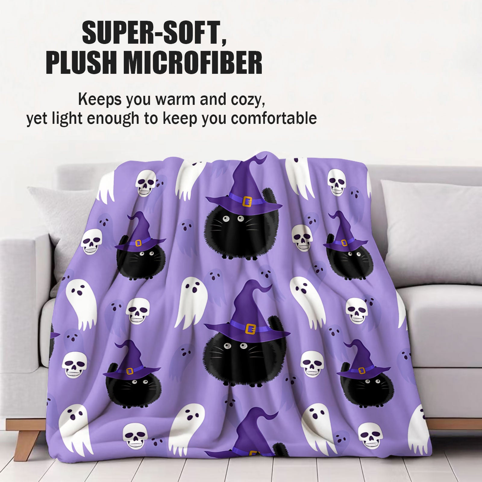 Halloween Cat & Ghost Throw Blanket - Spooky Purple Decor