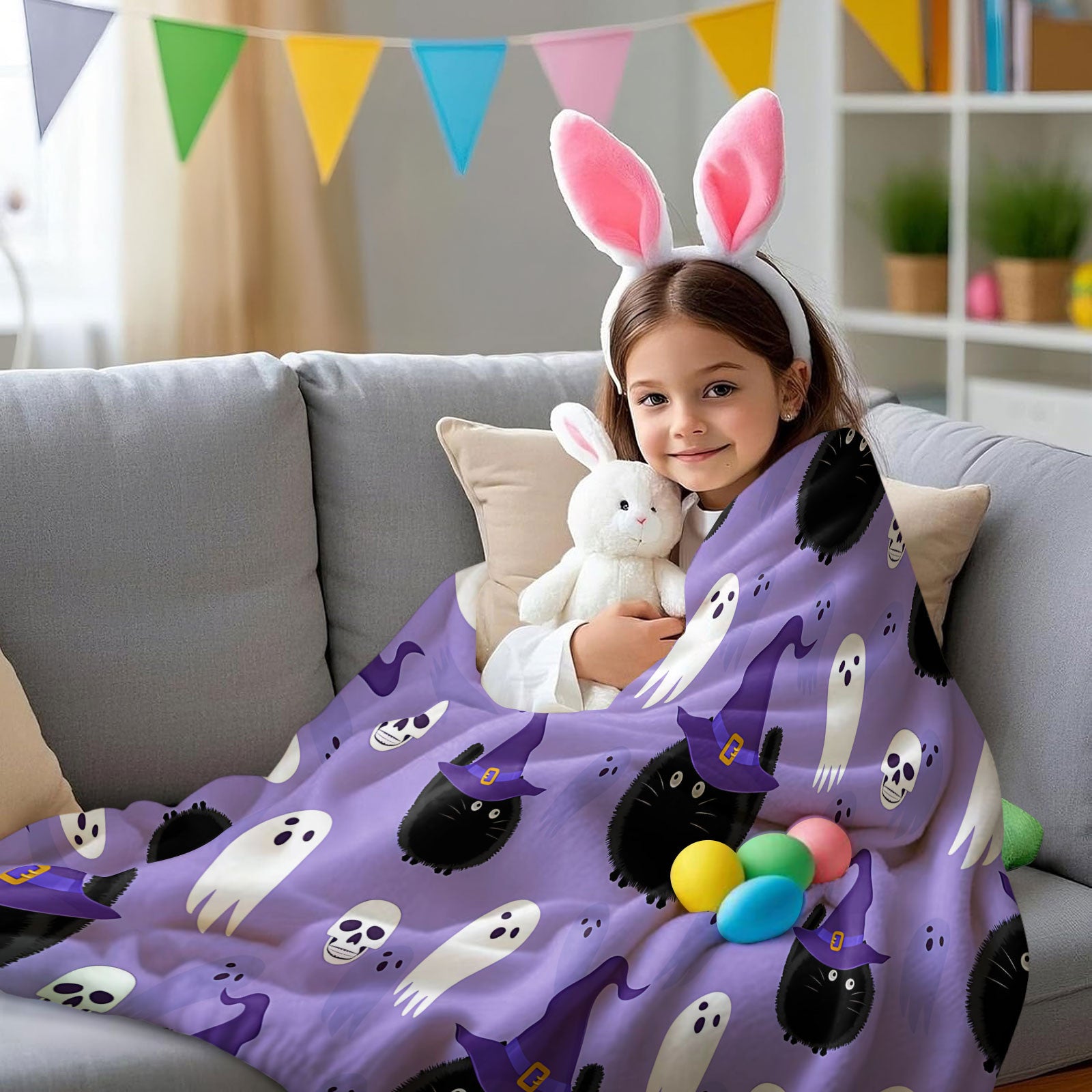 Halloween Cat & Ghost Throw Blanket - Spooky Purple Decor