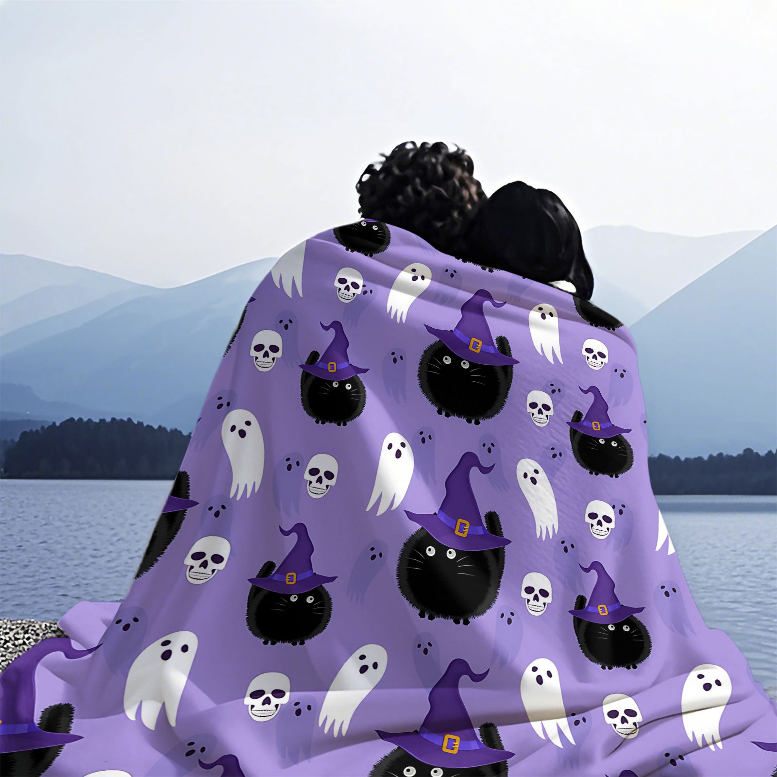 Halloween Cat & Ghost Throw Blanket - Spooky Purple Decor