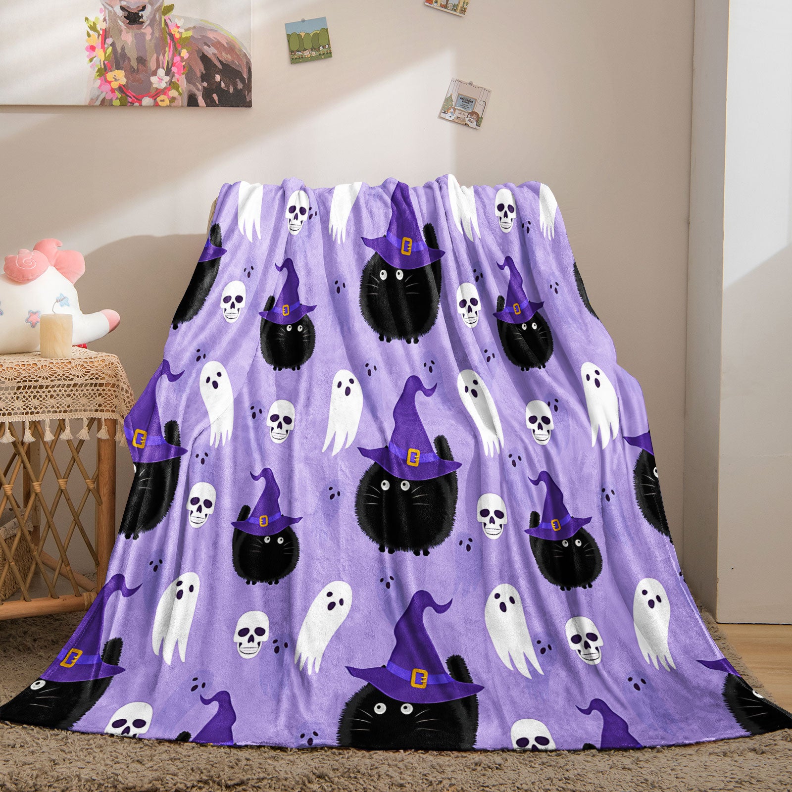 Halloween Cat & Ghost Throw Blanket - Spooky Purple Decor