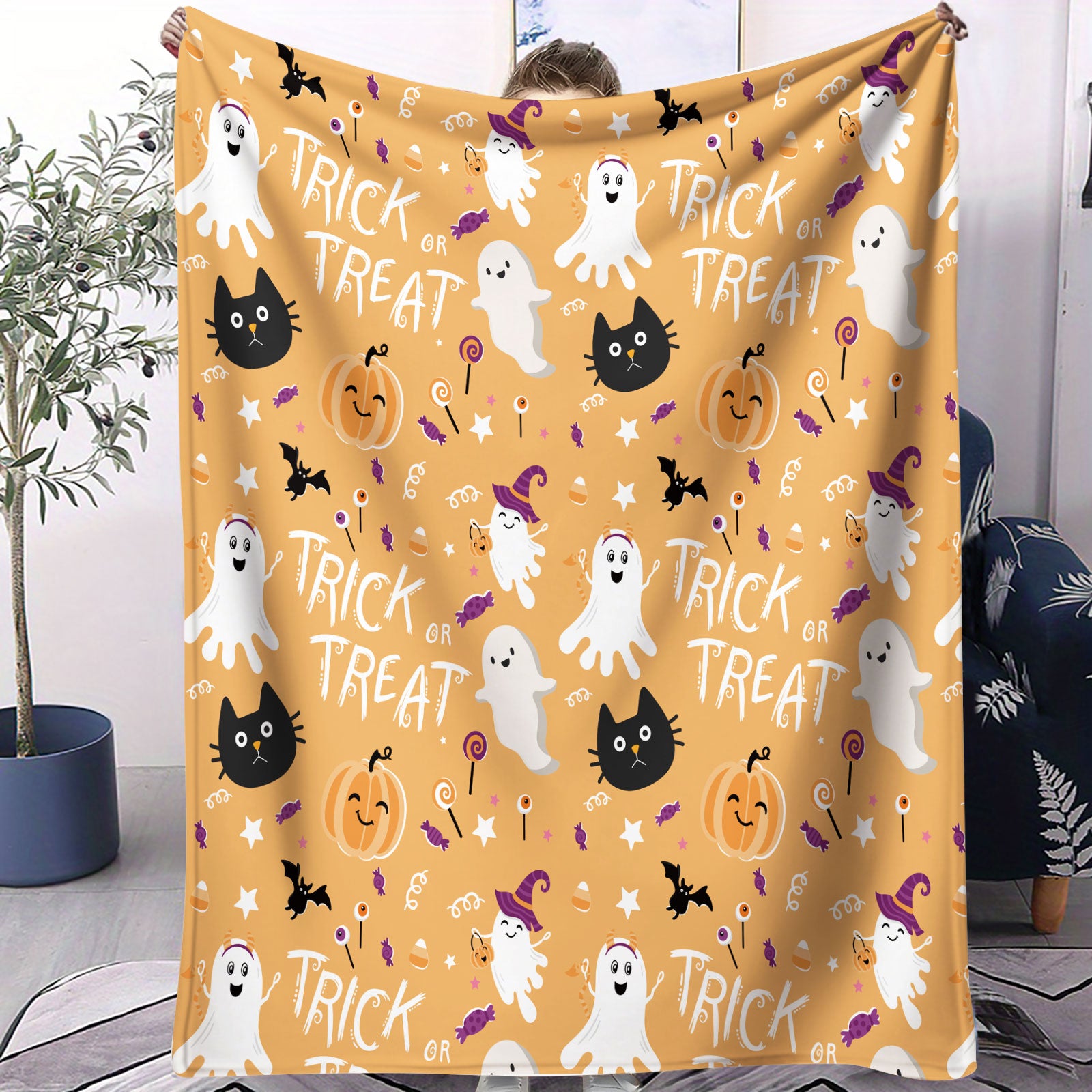 Halloween Ghost Cat Pumpkin Throw Blanket