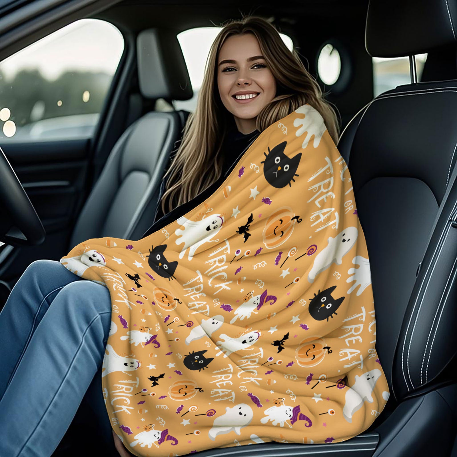 Halloween Ghost Cat Pumpkin Throw Blanket