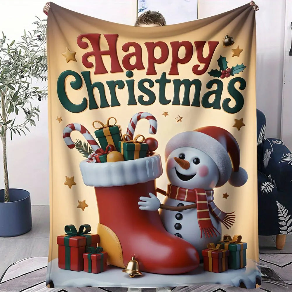 Happy Christmas Snowman and Stocking Pattern Multipurpose Throw Blanket