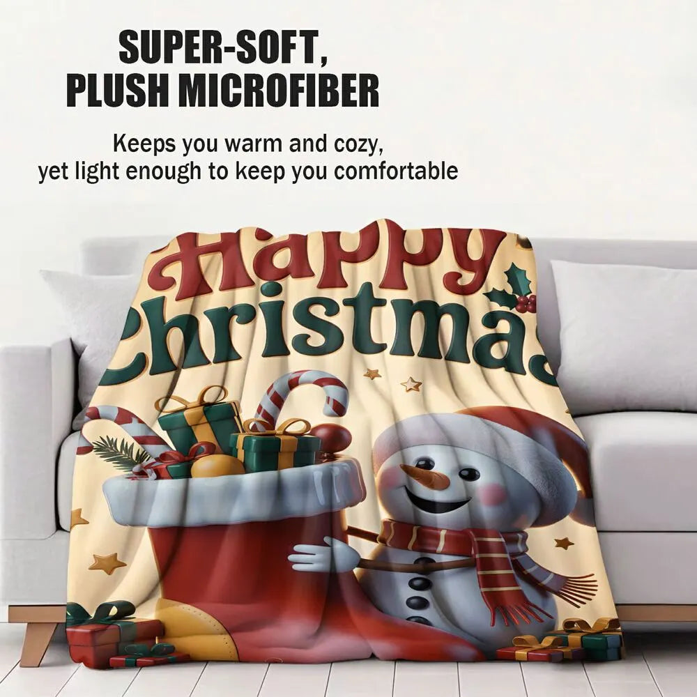 Happy Christmas Snowman and Stocking Pattern Multipurpose Throw Blanket