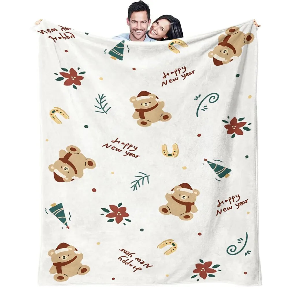 Happy New Year Teddy Bear Pattern Multipurpose Throw Blanket
