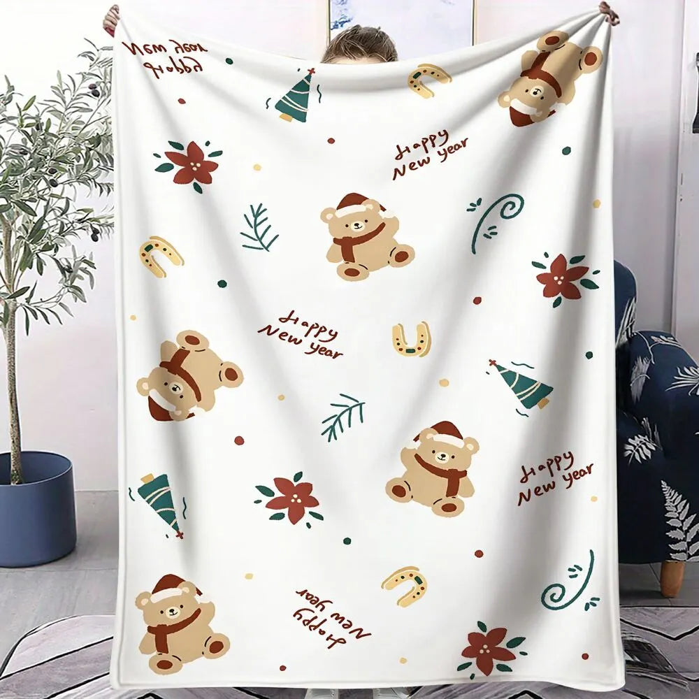 Happy New Year Teddy Bear Pattern Multipurpose Throw Blanket