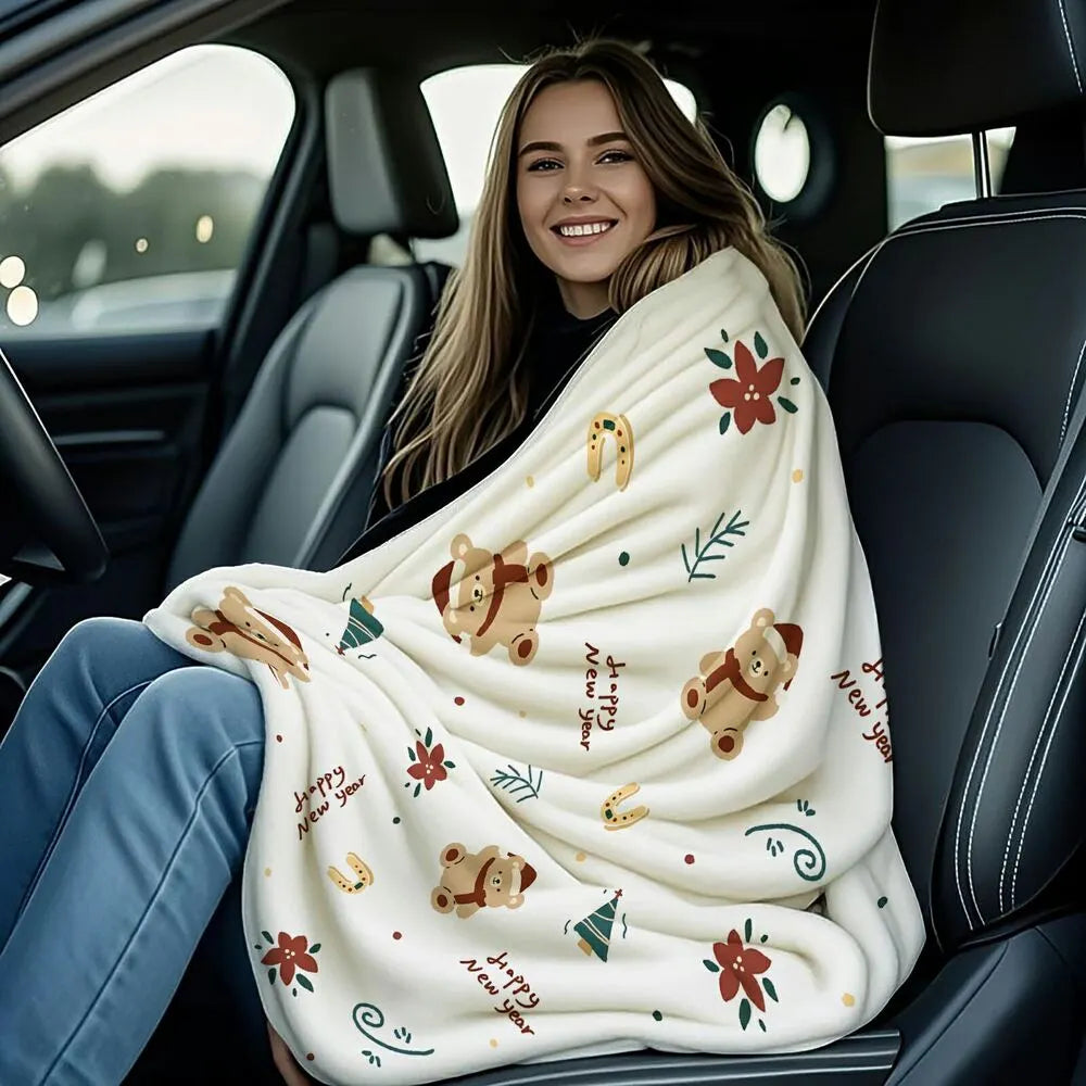 Happy New Year Teddy Bear Pattern Multipurpose Throw Blanket