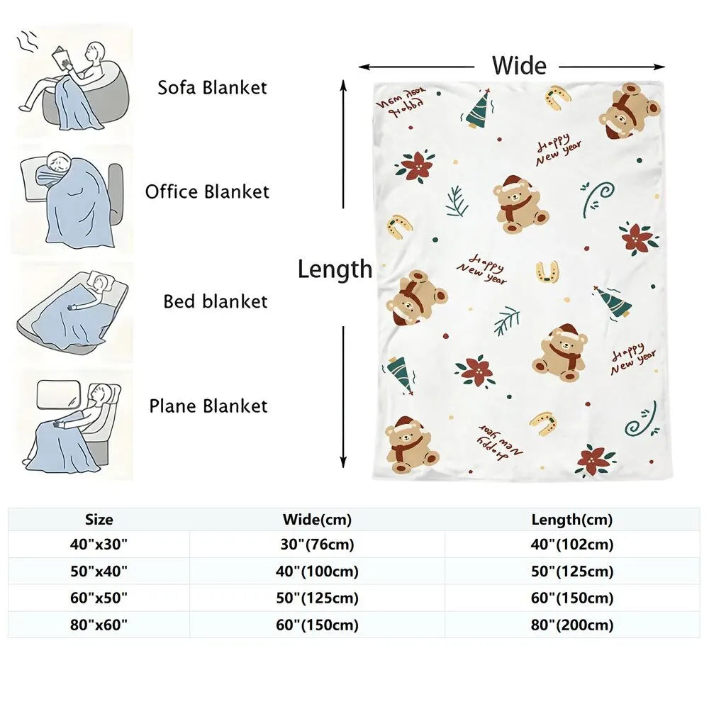 Happy New Year Teddy Bear Pattern Multipurpose Throw Blanket