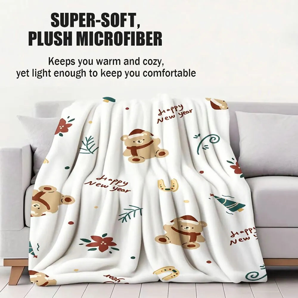 Happy New Year Teddy Bear Pattern Multipurpose Throw Blanket