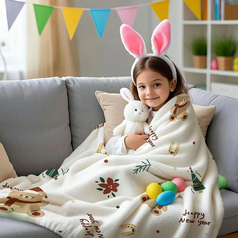 Happy New Year Teddy Bear Pattern Multipurpose Throw Blanket