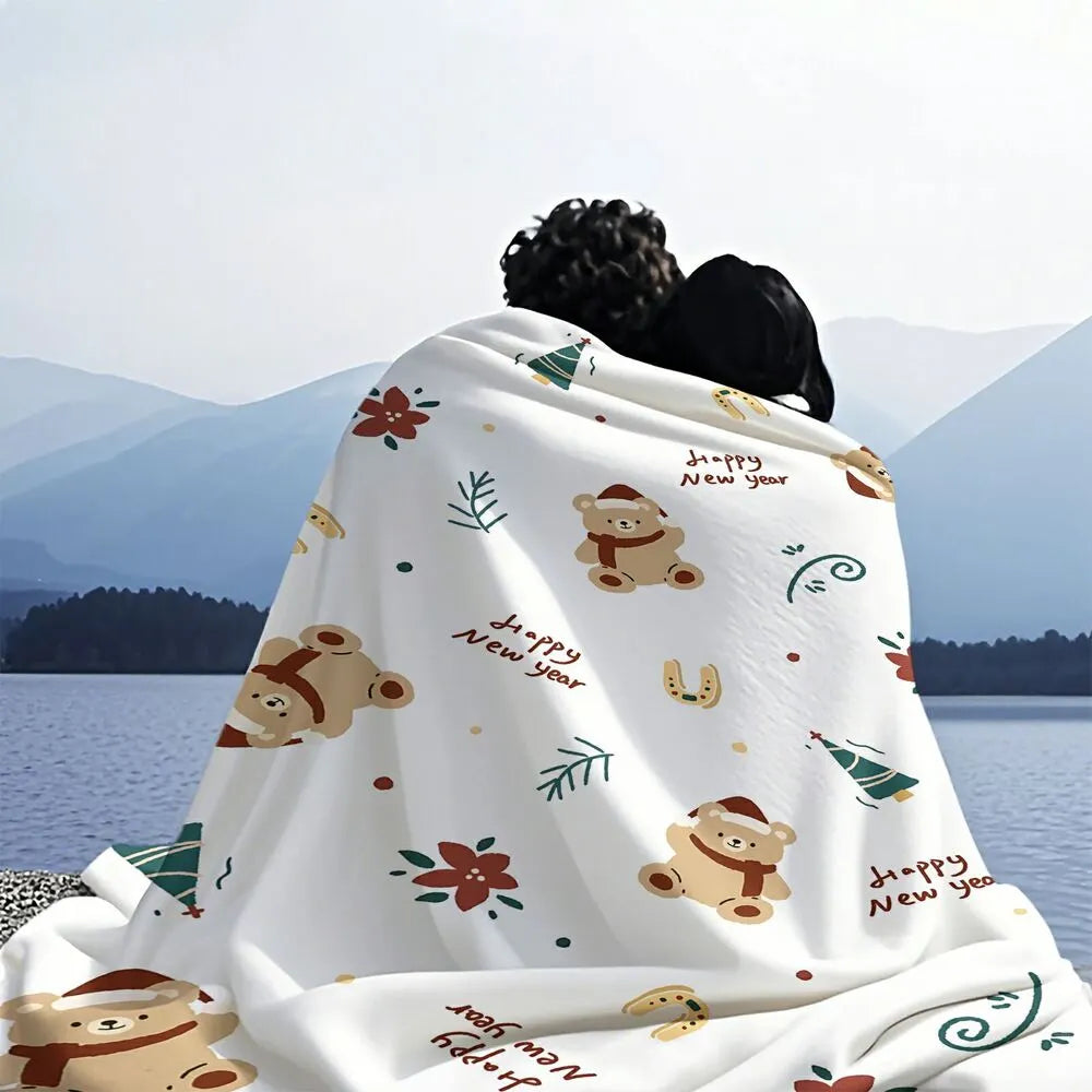 Happy New Year Teddy Bear Pattern Multipurpose Throw Blanket