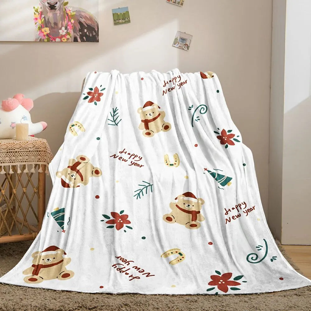 Happy New Year Teddy Bear Pattern Multipurpose Throw Blanket