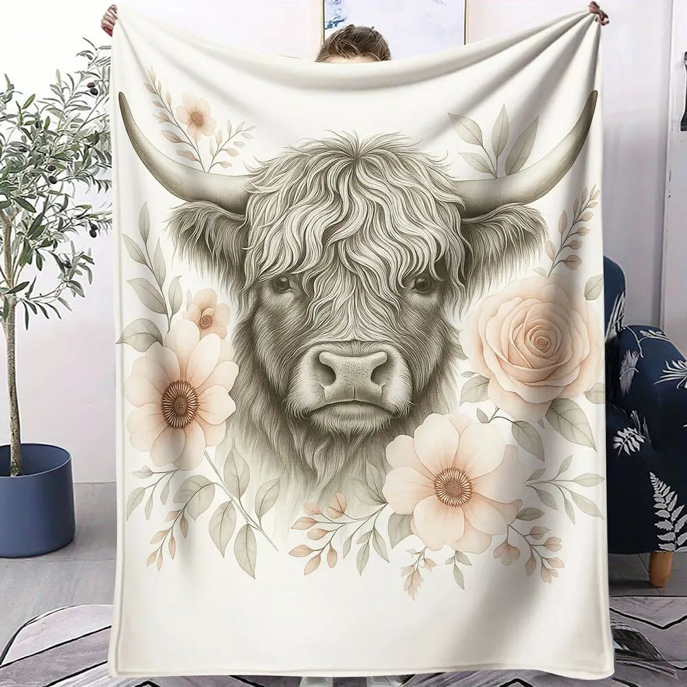 Highland Cow with Floral Pattern Multipurpose Throw Blanket