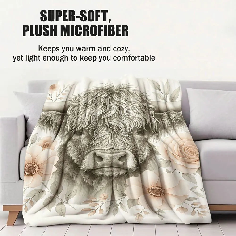 Highland Cow with Floral Pattern Multipurpose Throw Blanket