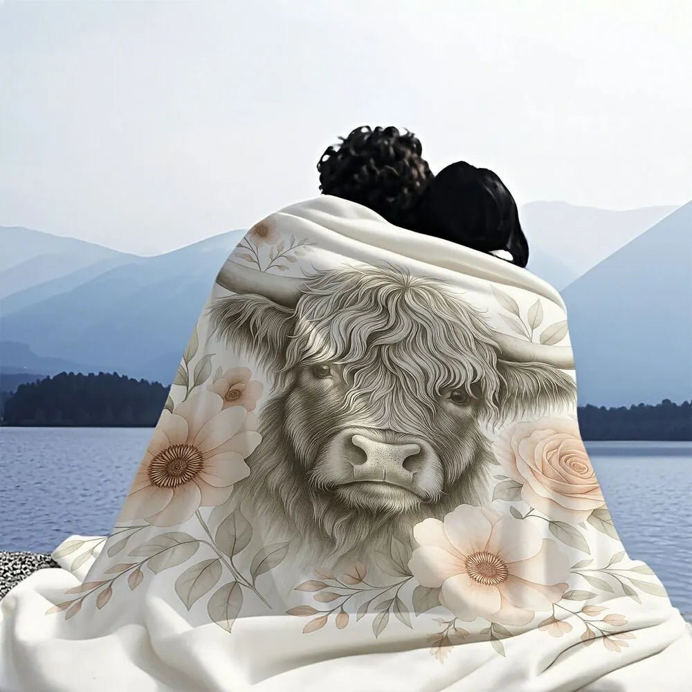 Highland Cow with Floral Pattern Multipurpose Throw Blanket
