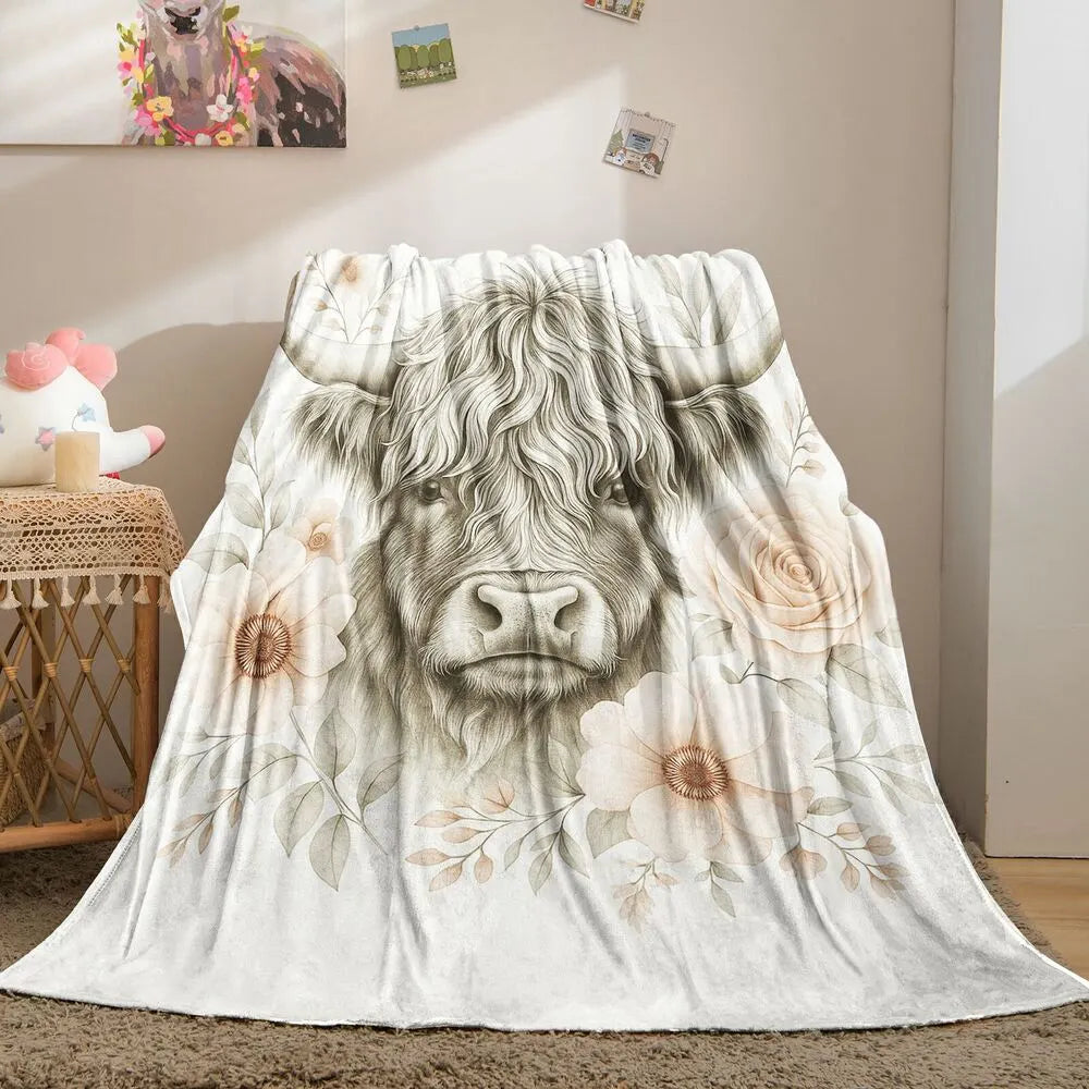 Highland Cow with Floral Pattern Multipurpose Throw Blanket