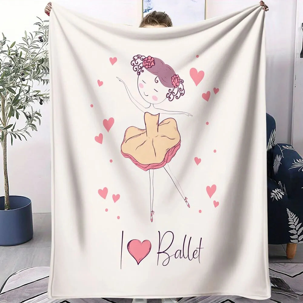 I Love Ballet Ballerina with Hearts Pattern Multipurpose Throw Blanket