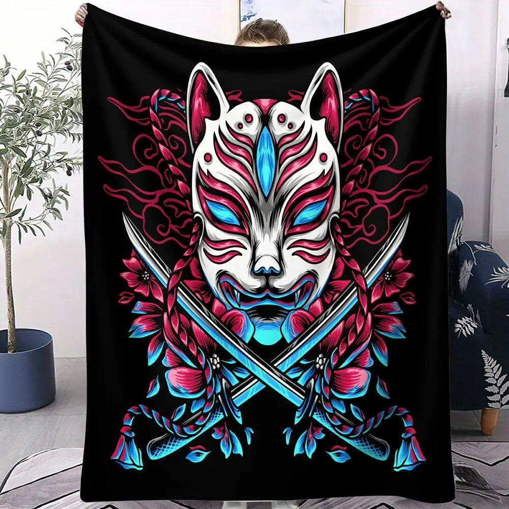 Japanese Style Demon Mask with Swords Pattern Multipurpose Throw Blanket