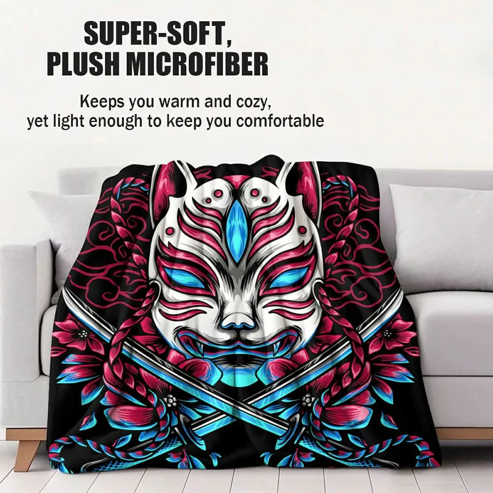 Japanese Style Demon Mask with Swords Pattern Multipurpose Throw Blanket