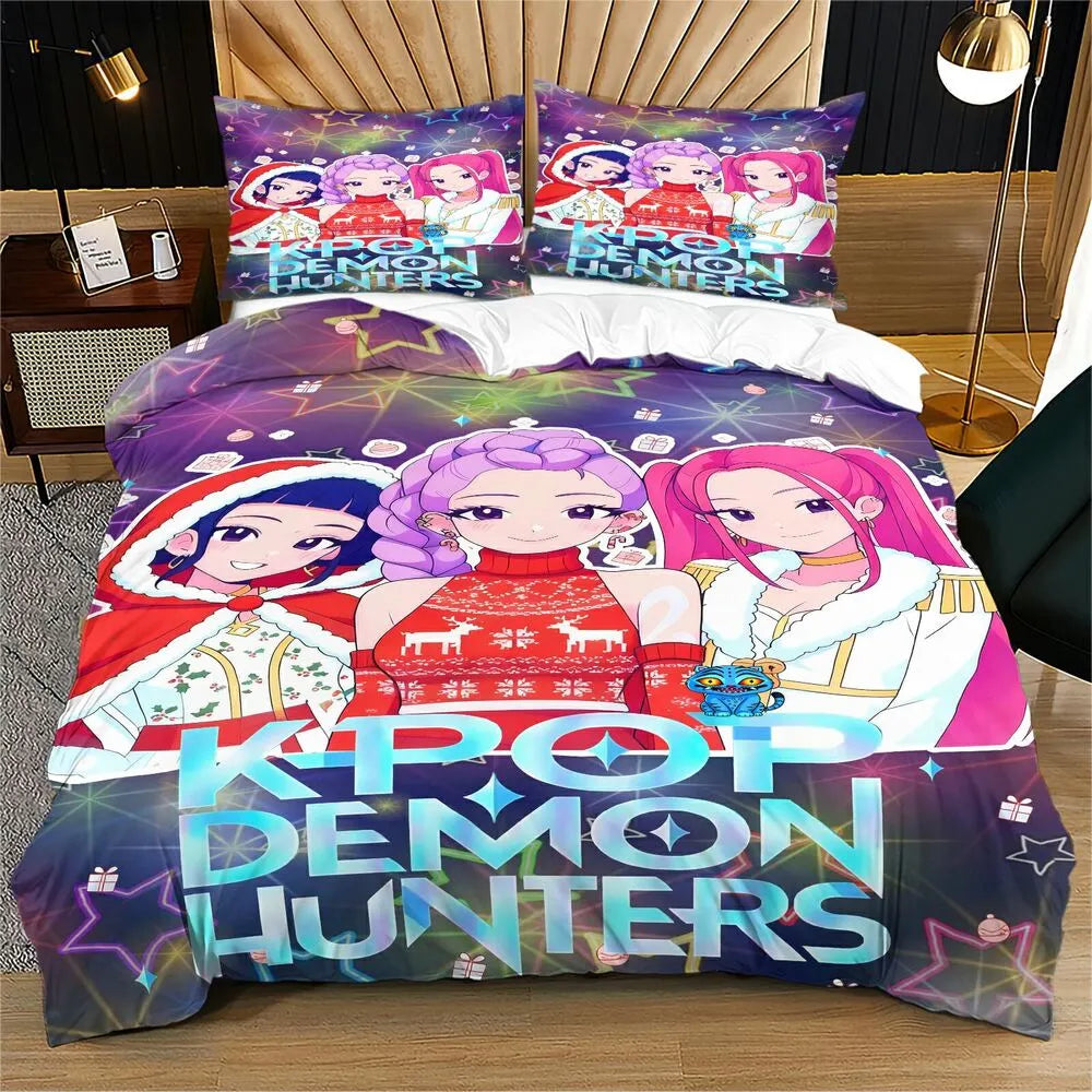 K-POP Demon Hunters Christmas Themed Anime Girl Group Bedding Set