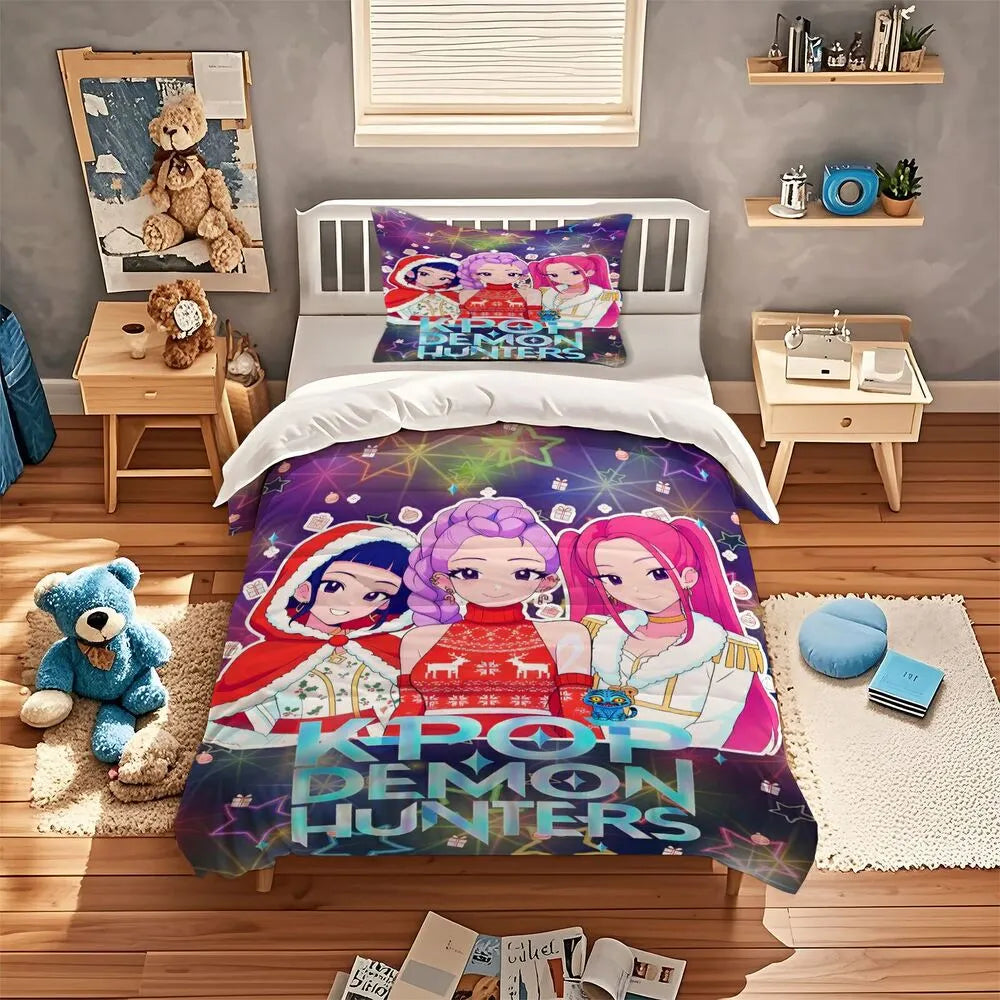 K-POP Demon Hunters Christmas Themed Anime Girl Group Bedding Set