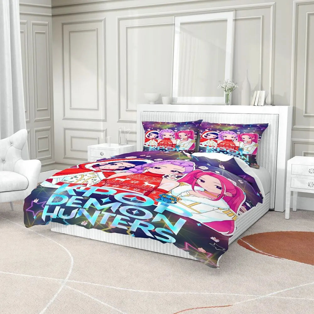 K-POP Demon Hunters Christmas Themed Anime Girl Group Bedding Set