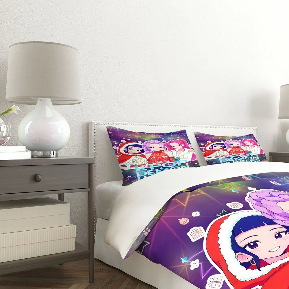 K-POP Demon Hunters Christmas Themed Anime Girl Group Bedding Set