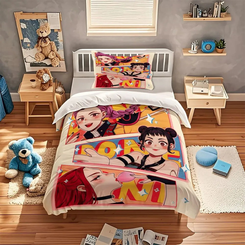 K-POP Demon Hunters Girl Group Cartoon Bedding Set Duvet Cover and Pillowcases