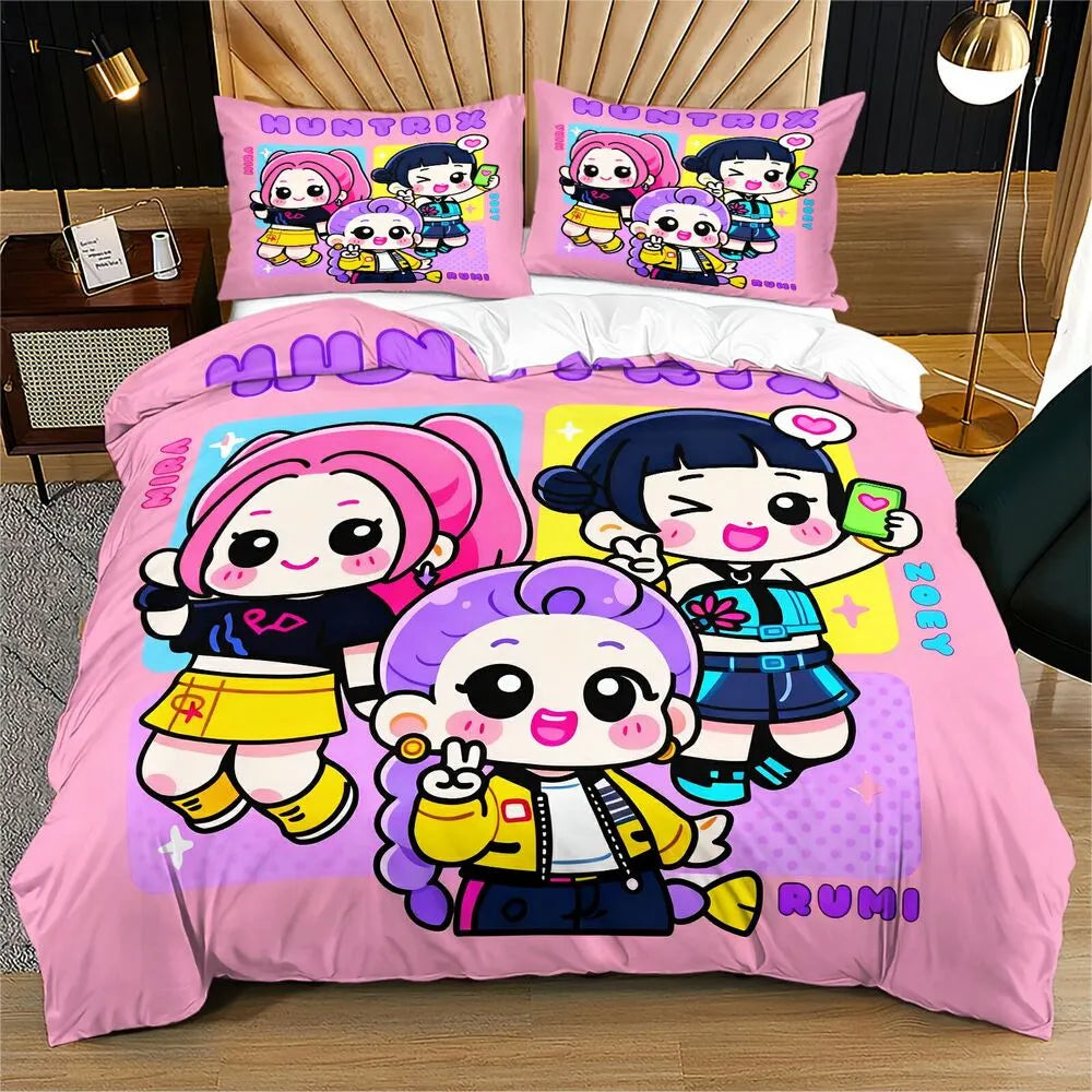 K-POP Demon Hunters HUNTRIX Chibi Girl Group Anime Bedding Set
