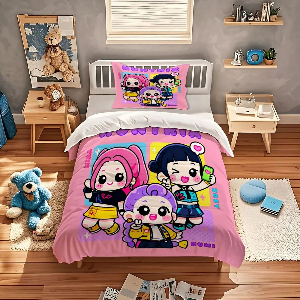 K-POP Demon Hunters HUNTRIX Chibi Girl Group Anime Bedding Set