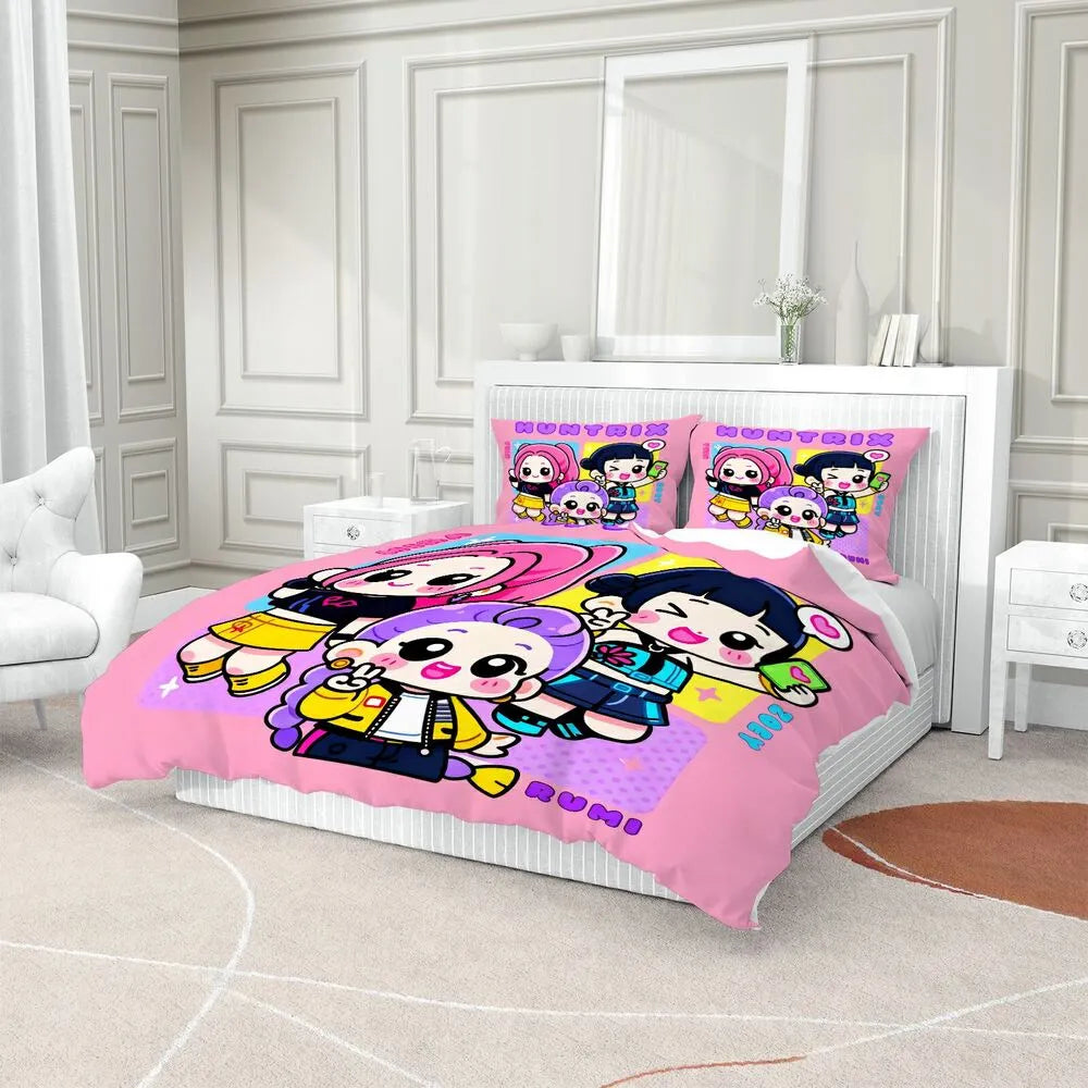 K-POP Demon Hunters HUNTRIX Chibi Girl Group Anime Bedding Set