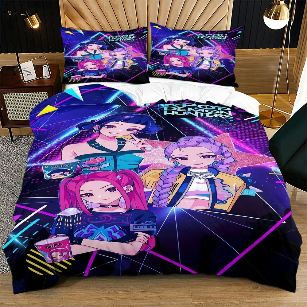 K-POP Demon Hunters Neon Anime Girl Group Bedding Set