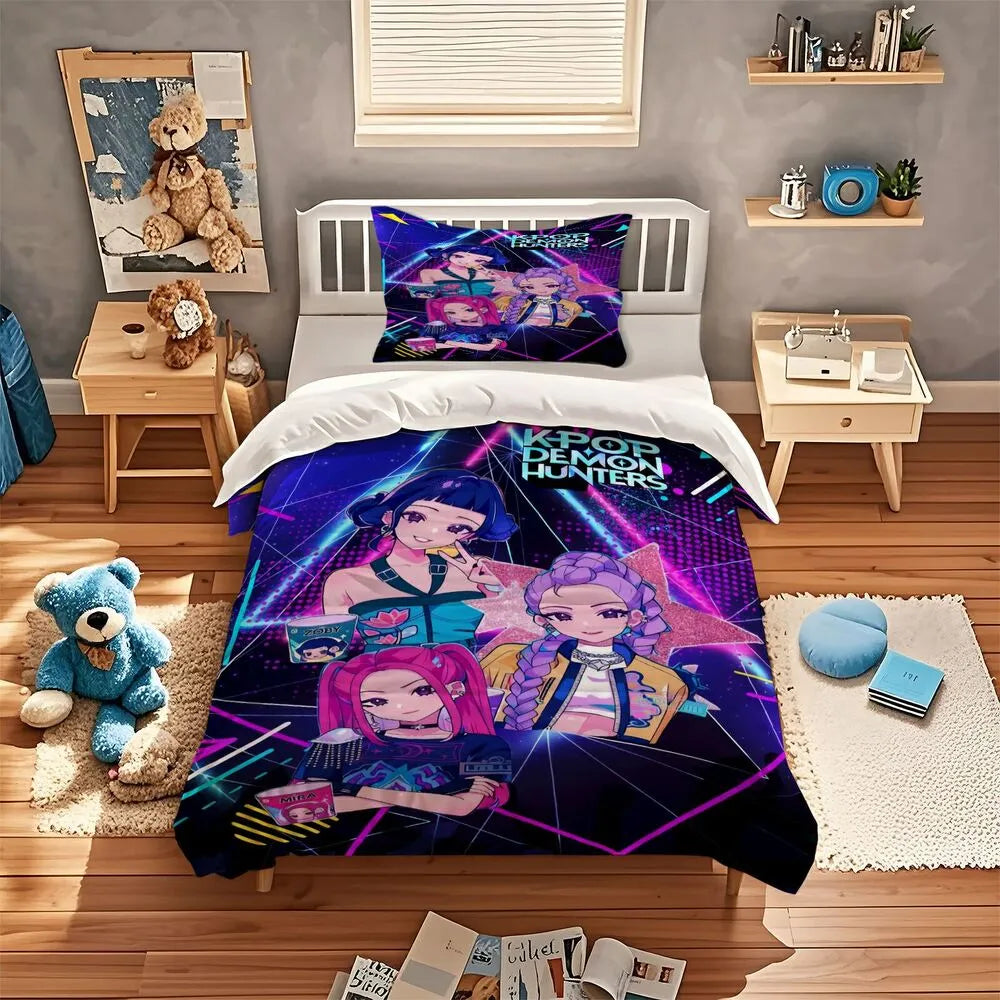 K-POP Demon Hunters Neon Anime Girl Group Bedding Set