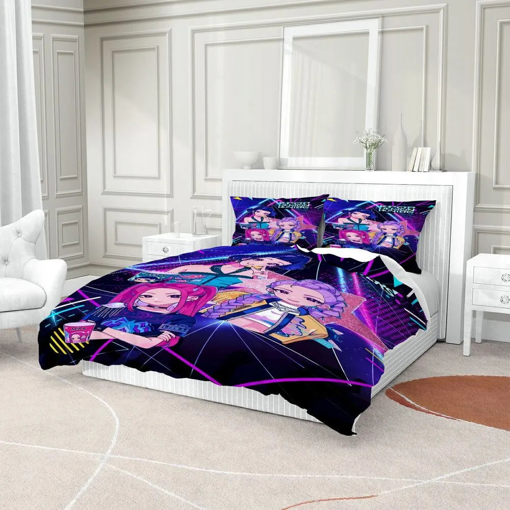 K-POP Demon Hunters Neon Anime Girl Group Bedding Set